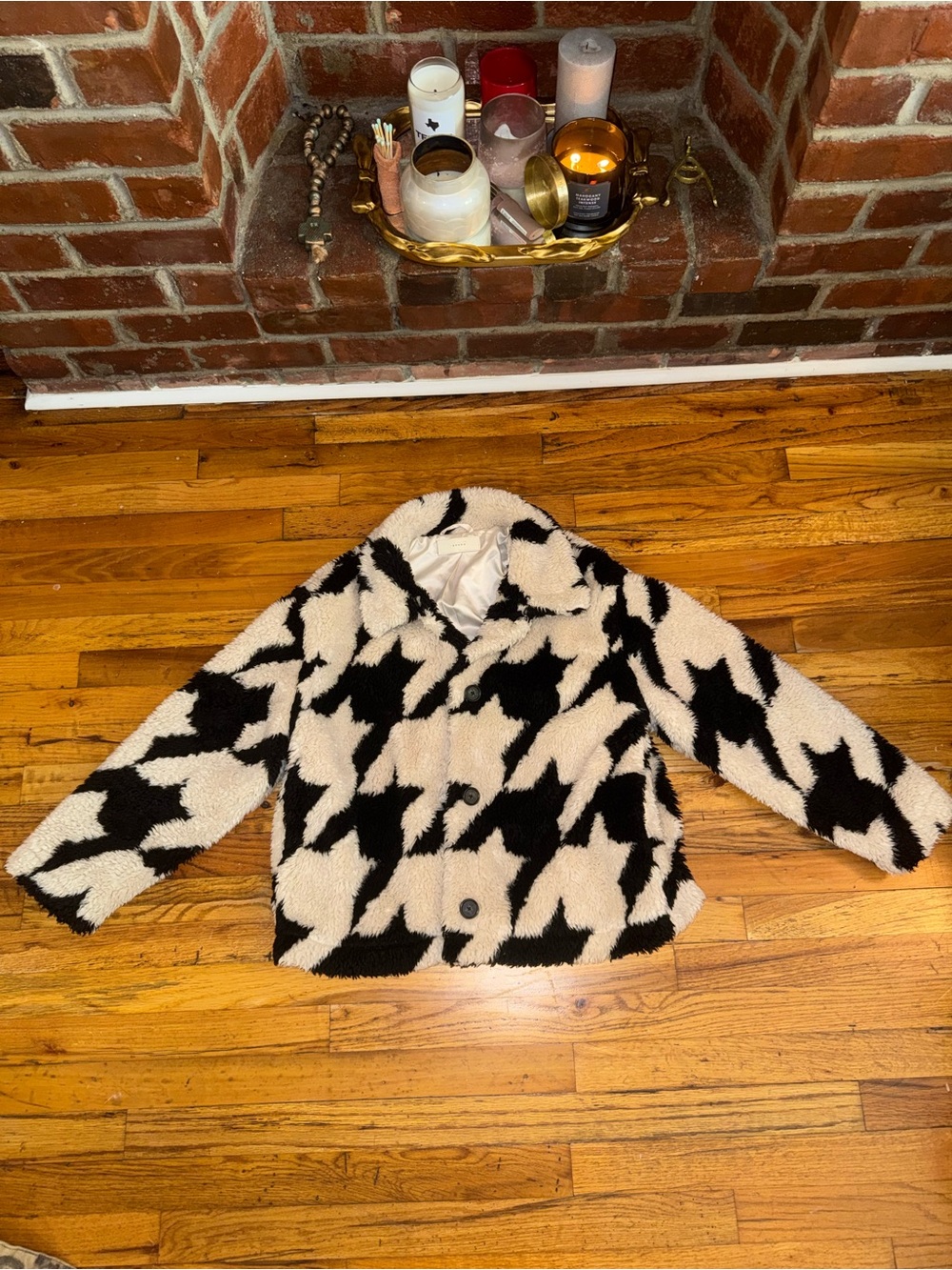 Women’s Black & Cream Faux Shearling Jacket - “Love Birds Houndstooth Coat” - Picture 3 of 10